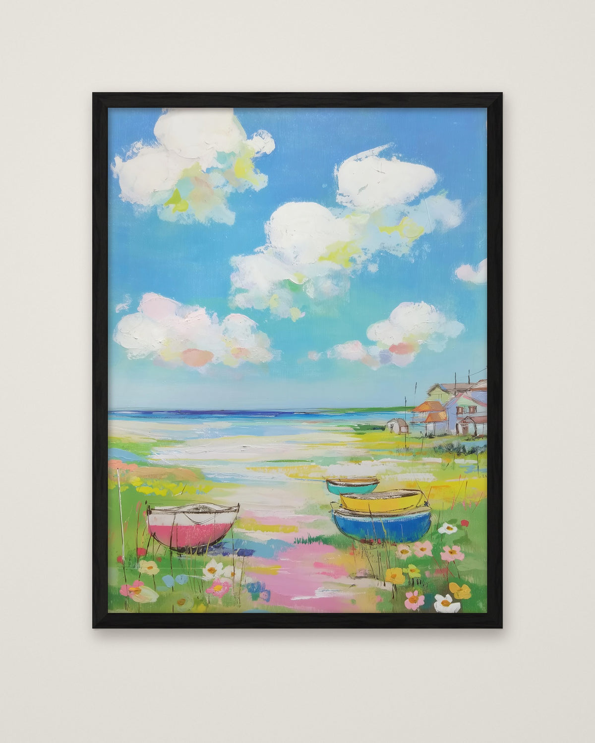 Coastal Wildflower Boats Painting in a black frame
