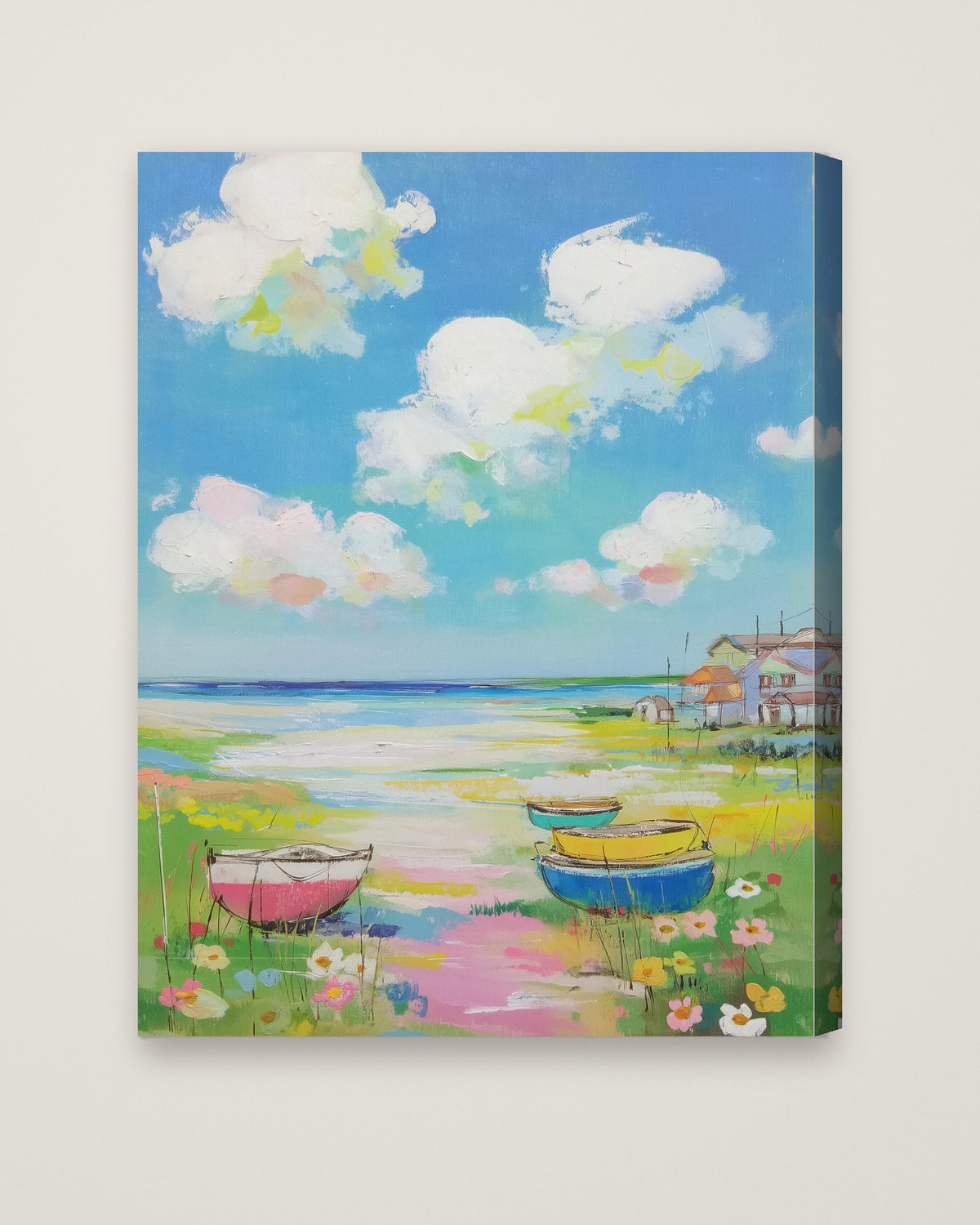 Coastal Wildflower Boats Painting as a stretched canvas
