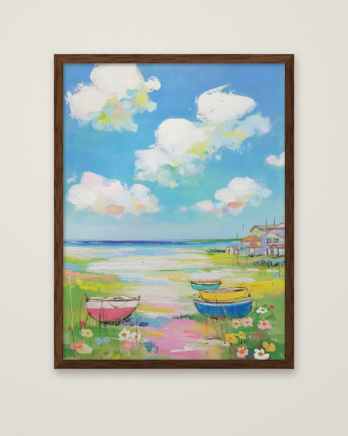 Coastal Wildflower Boats Painting in a dark wood frame