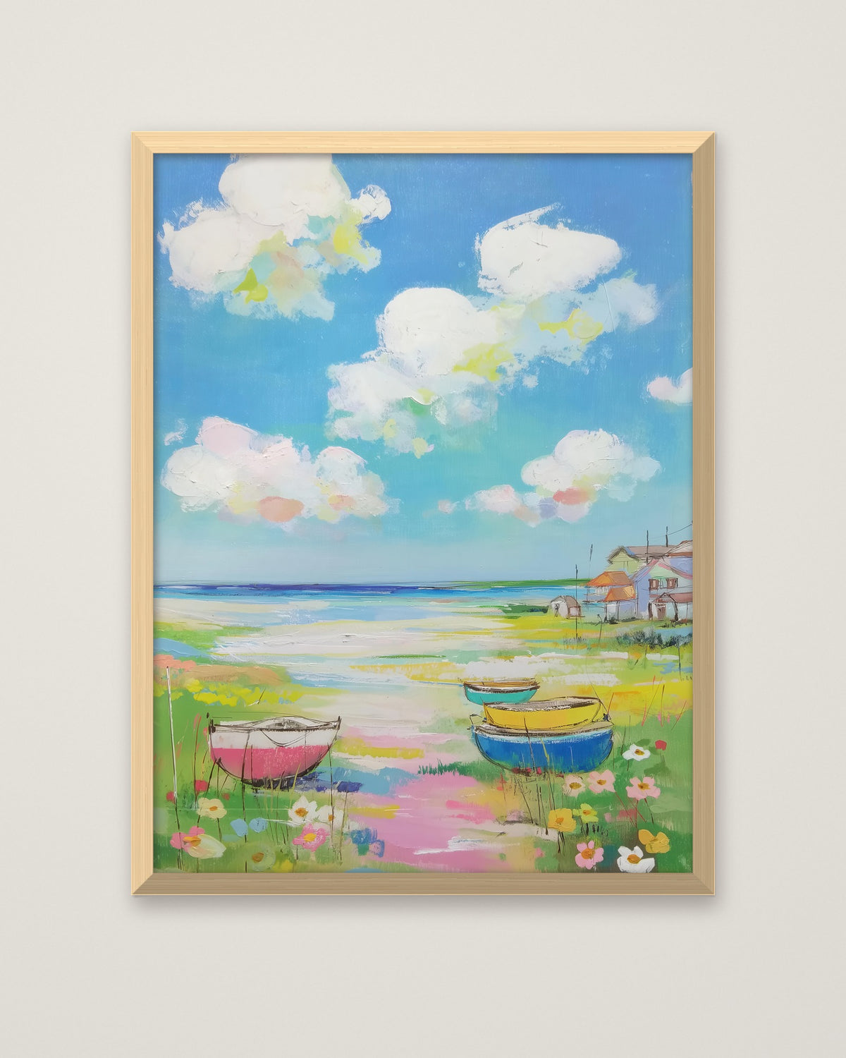 Coastal Wildflower Boats Painting in a natural wood frame
