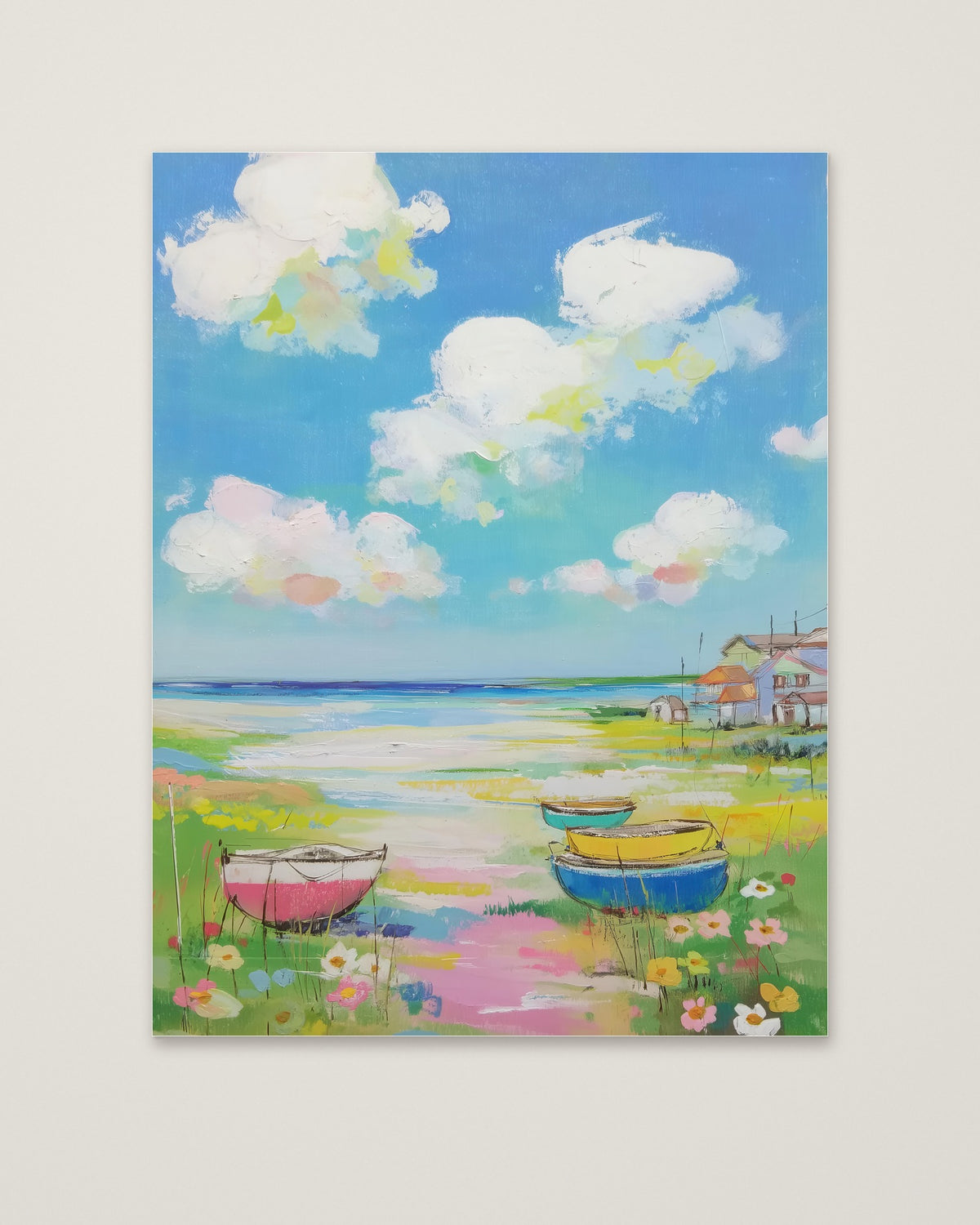 Coastal Wildflower Boats Painting as an unframed matte paper print