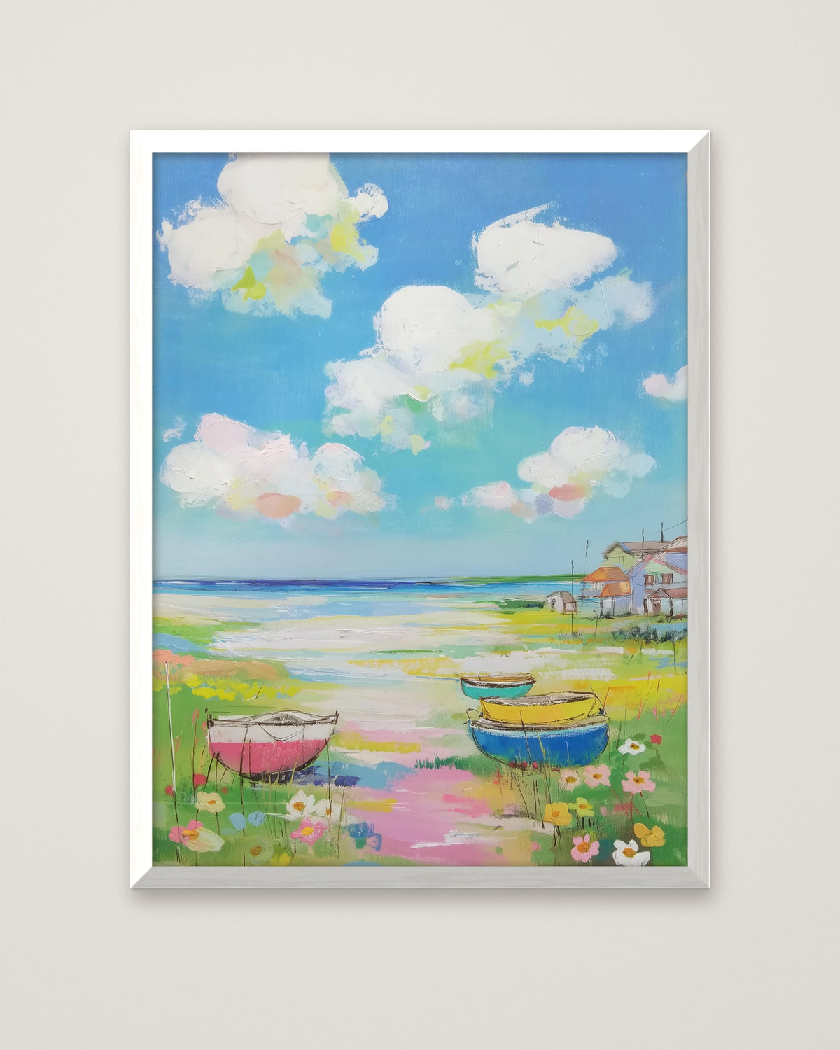 Coastal Wildflower Boats Painting in a white frame