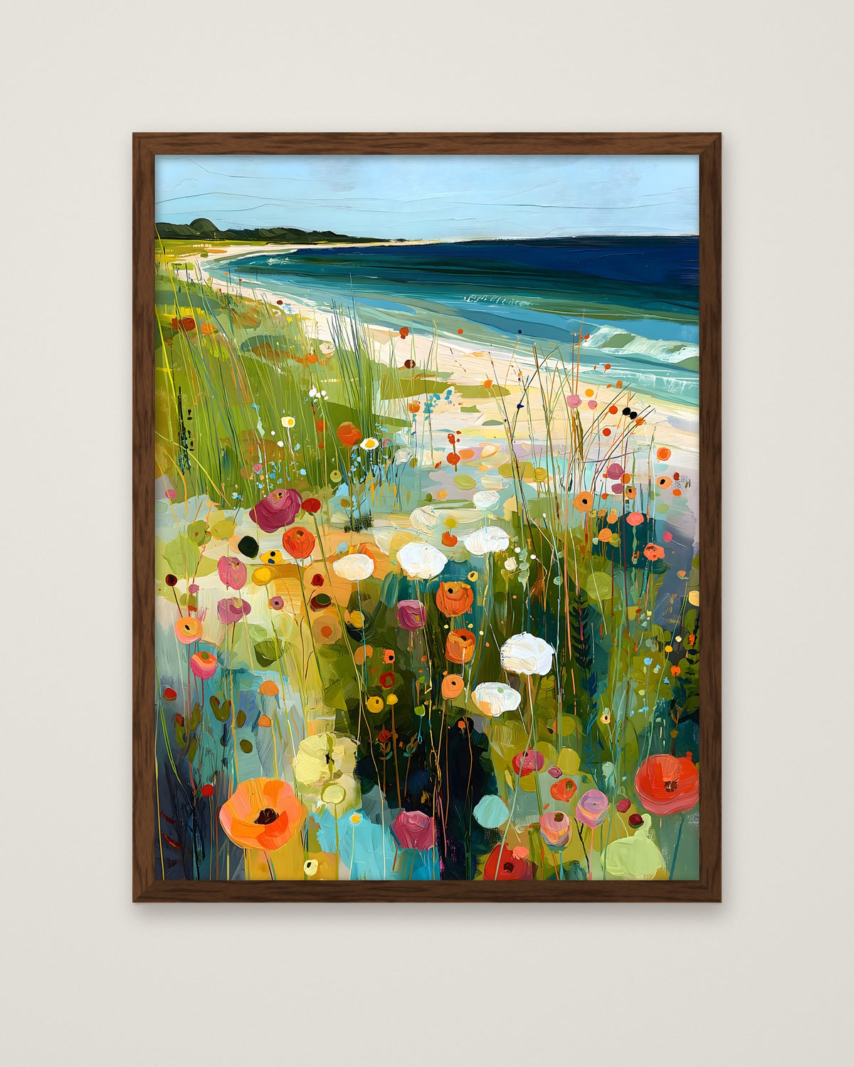 Coastal Wildflower Meadow Art in a dark wood frame