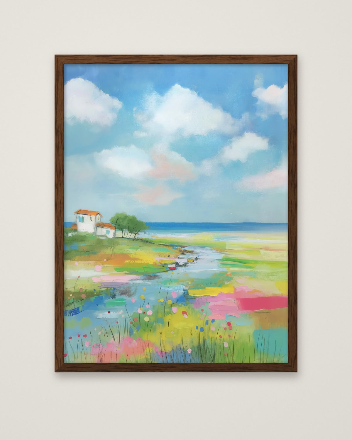 Coastal Wildflower Meadow Landscape in a dark wood frame