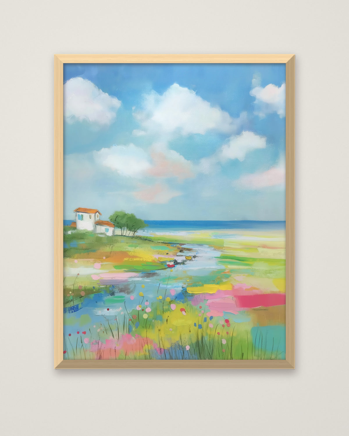 Coastal Wildflower Meadow Landscape in a natural wood frame