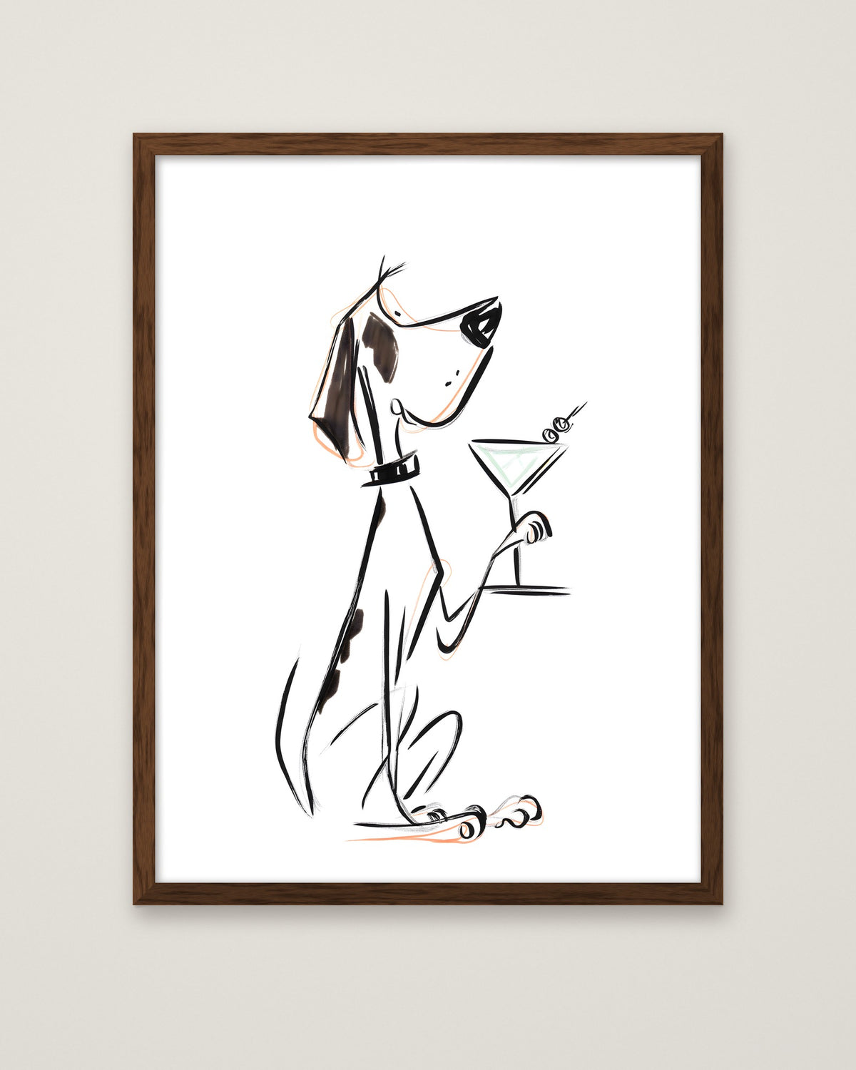 Cocktail Dog Martini Art in a dark wood frame