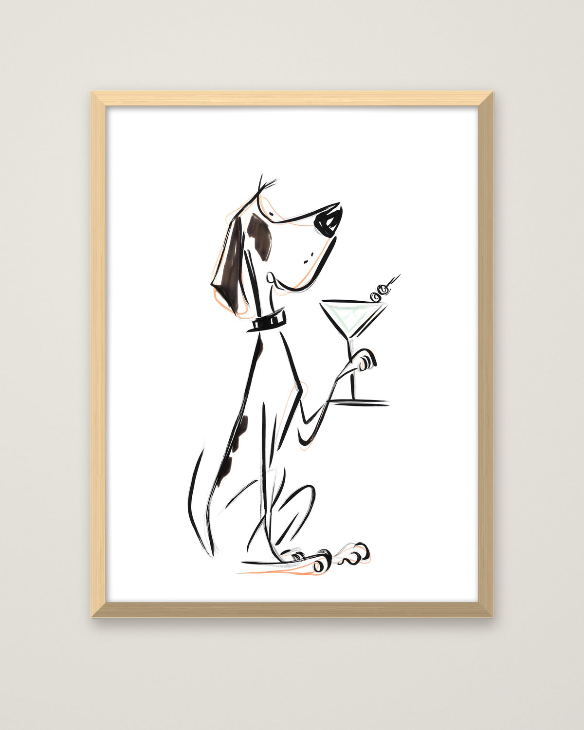 Cocktail Dog Martini Art in a natural wood frame