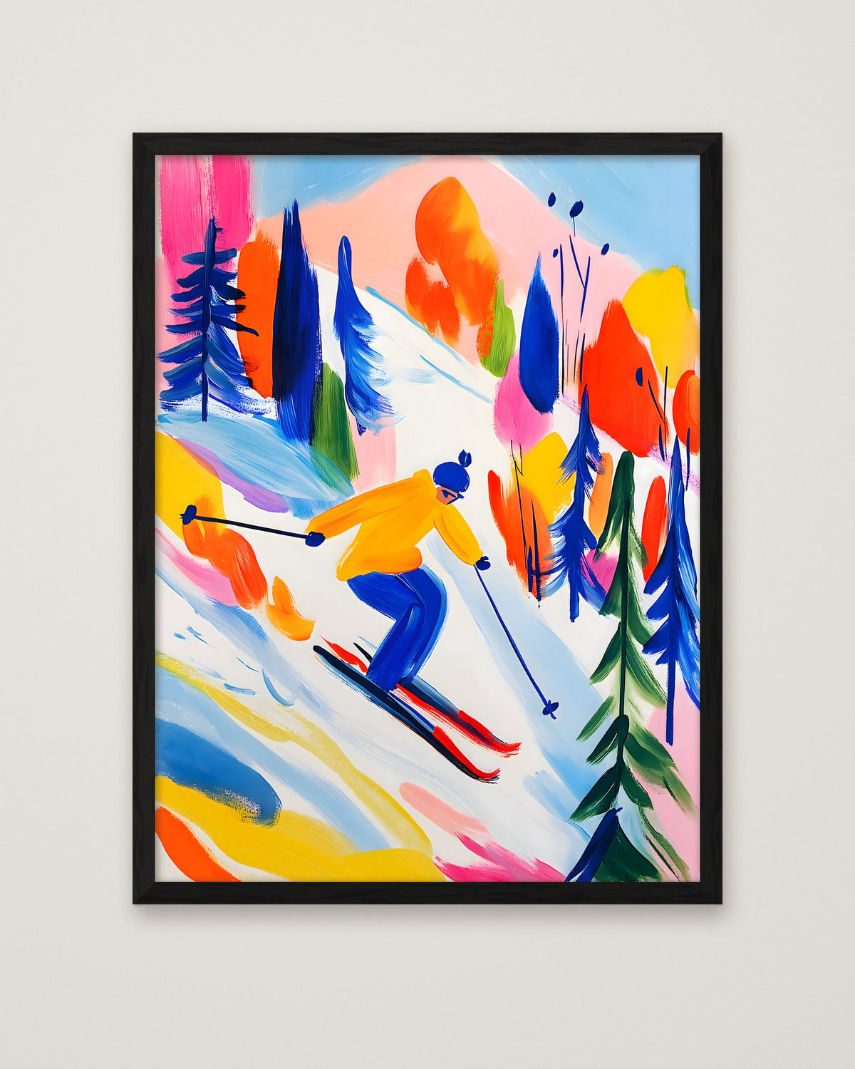 Colorful Abstract Skier Art in a black frame