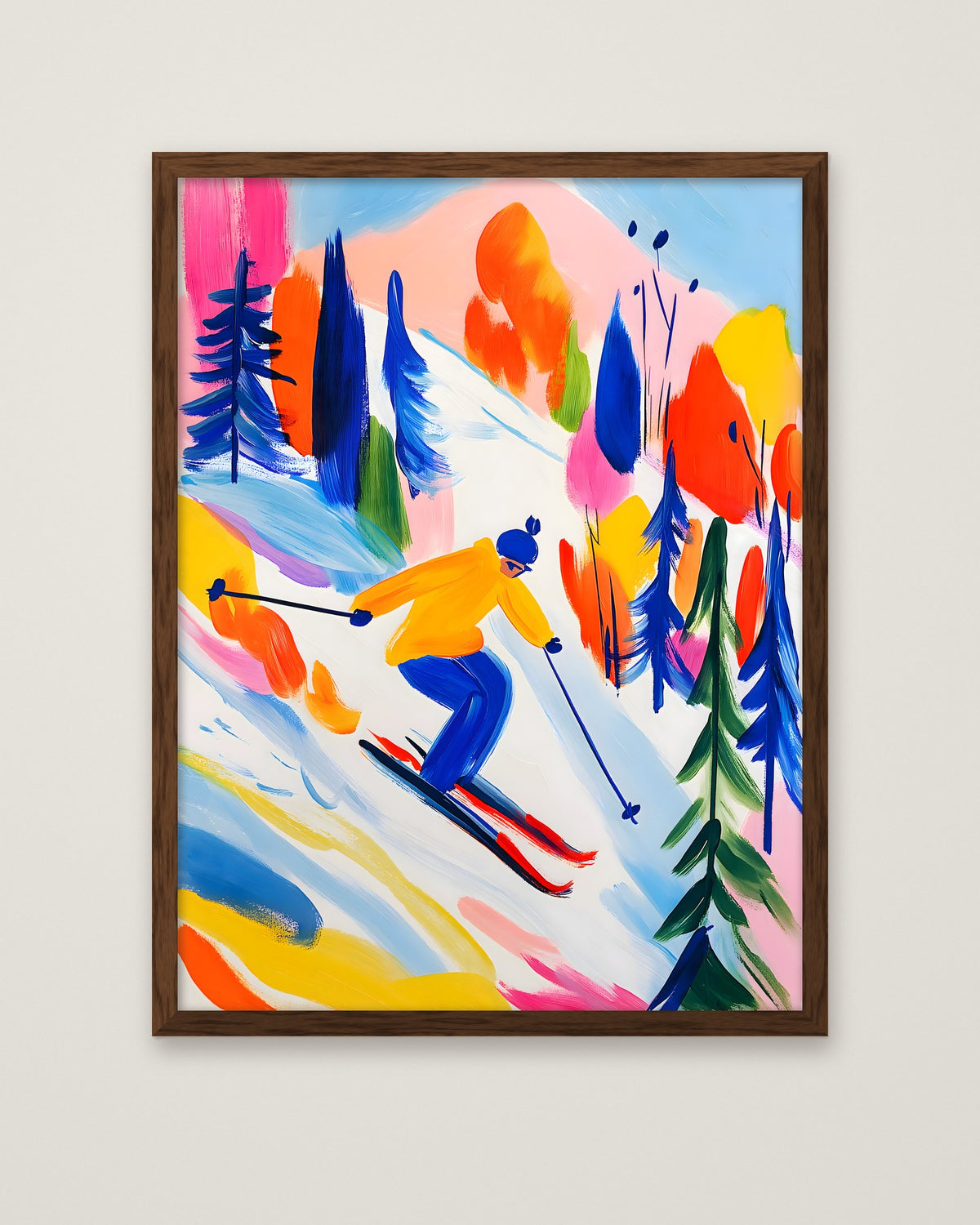 Colorful Abstract Skier Art in a dark wood frame
