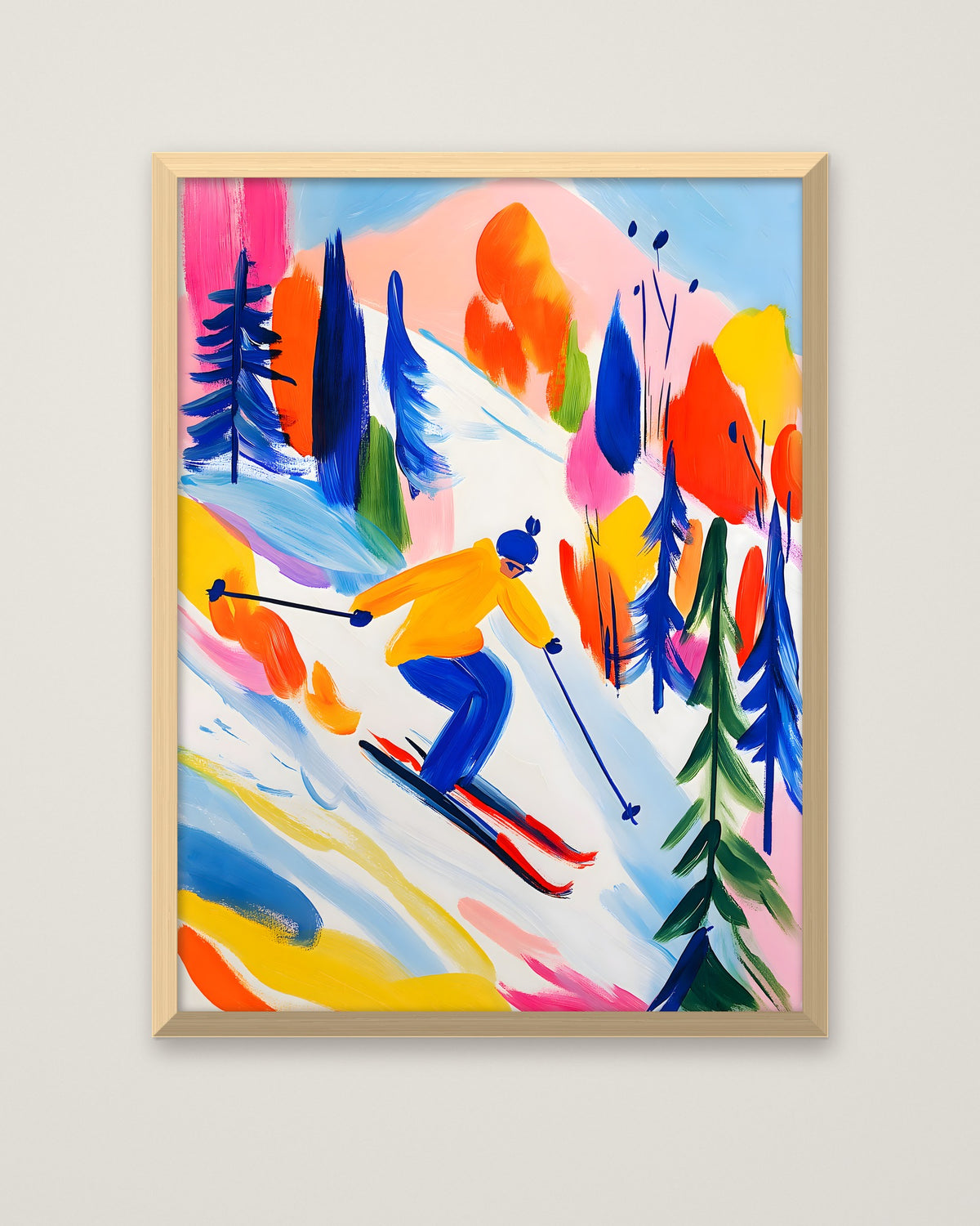 Colorful Abstract Skier Art in a natural wood frame