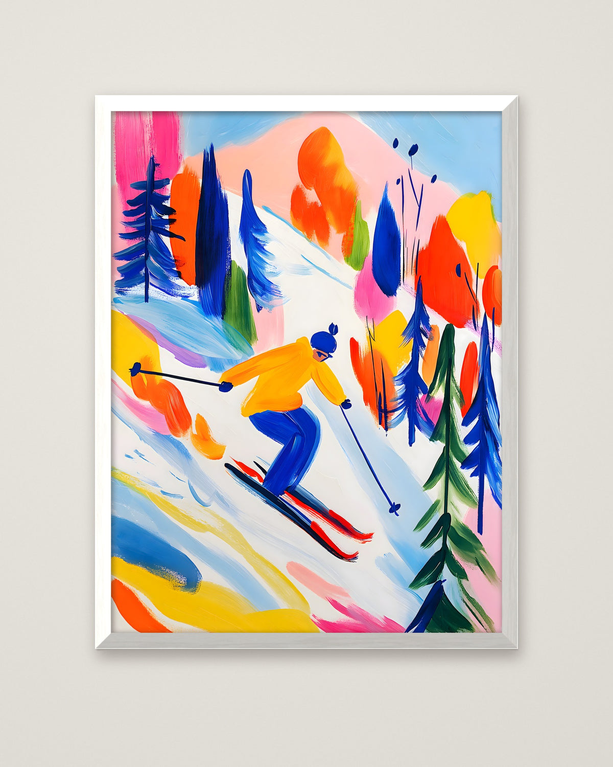 Colorful Abstract Skier Art in a white frame