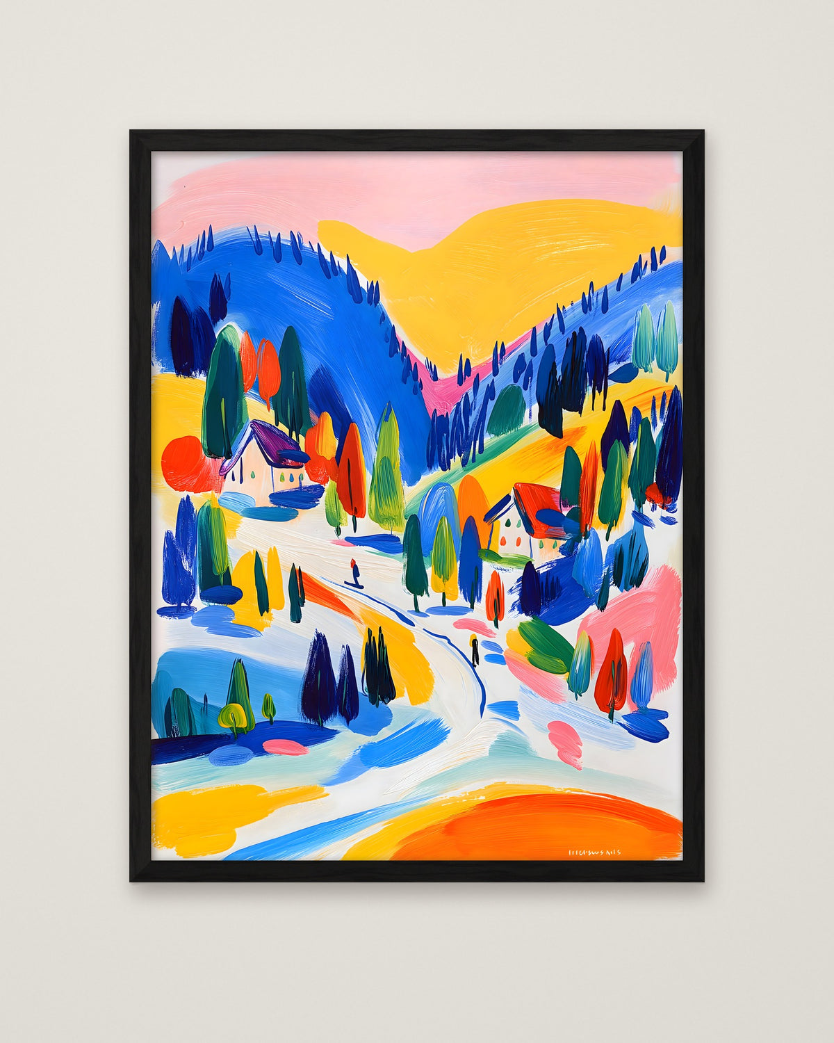 Colorful Alpine Ski Village Art in a black frame
