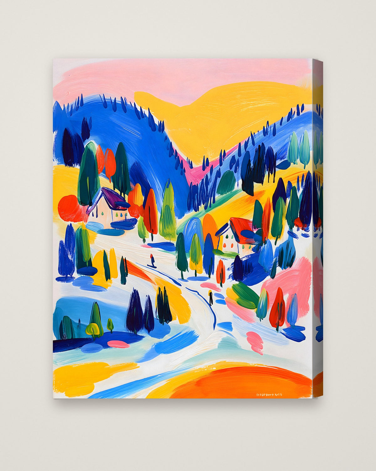 Colorful Alpine Ski Village Art as a stretched canvas