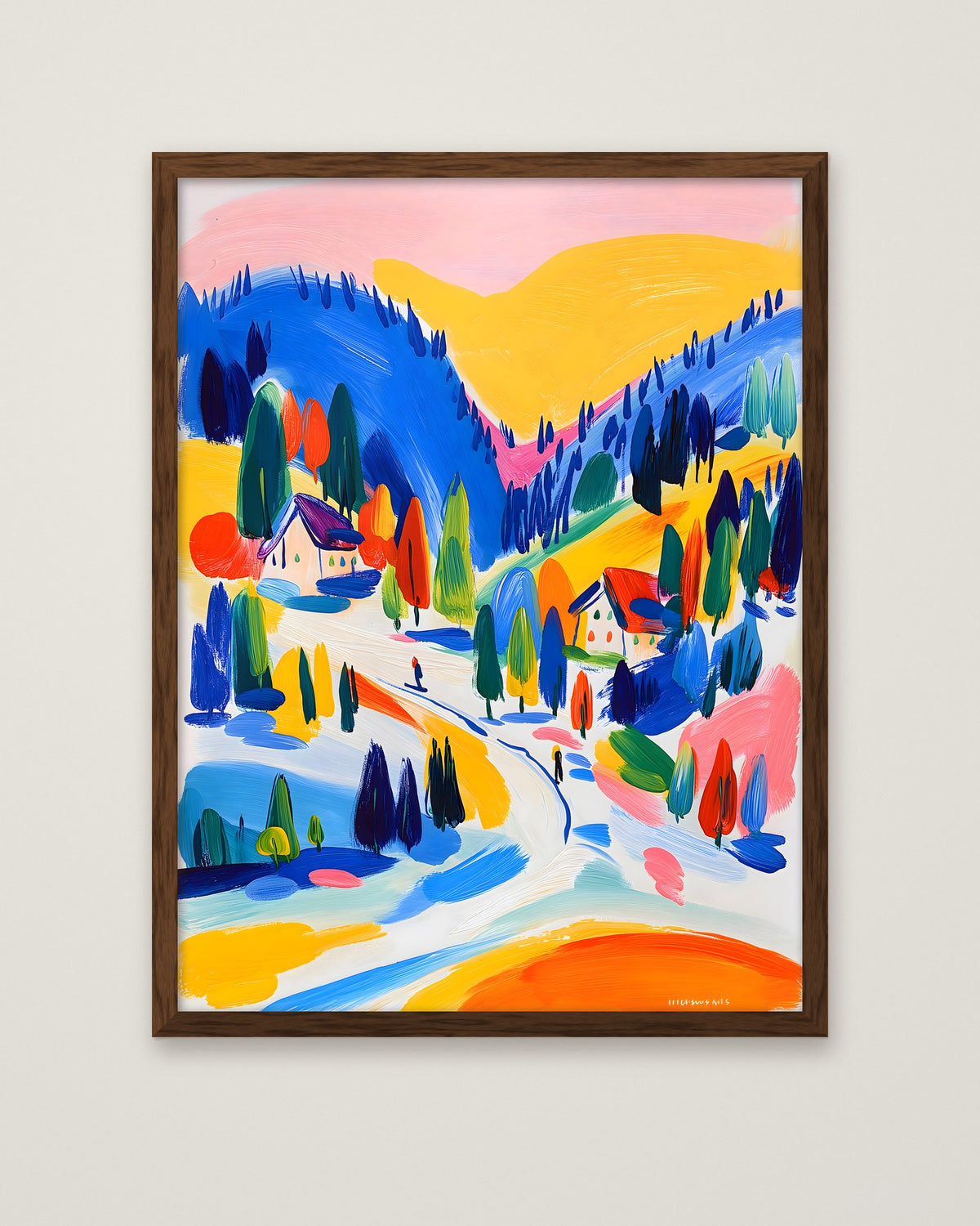 Colorful Alpine Ski Village Art in a dark wood frame
