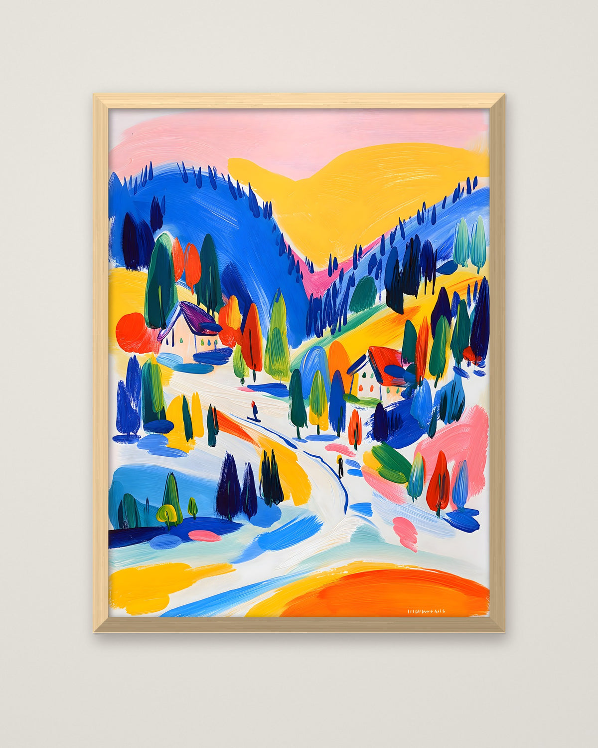 Colorful Alpine Ski Village Art in a natural wood frame