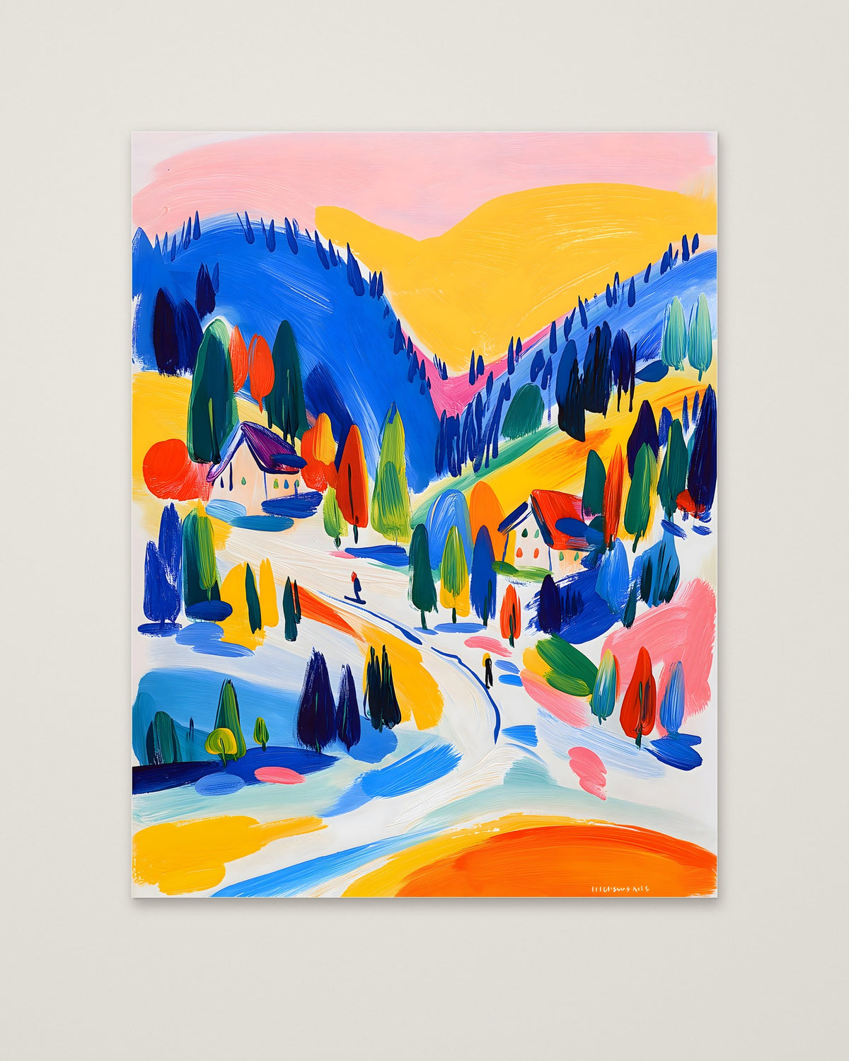Colorful Alpine Ski Village Art as an unframed matte paper print