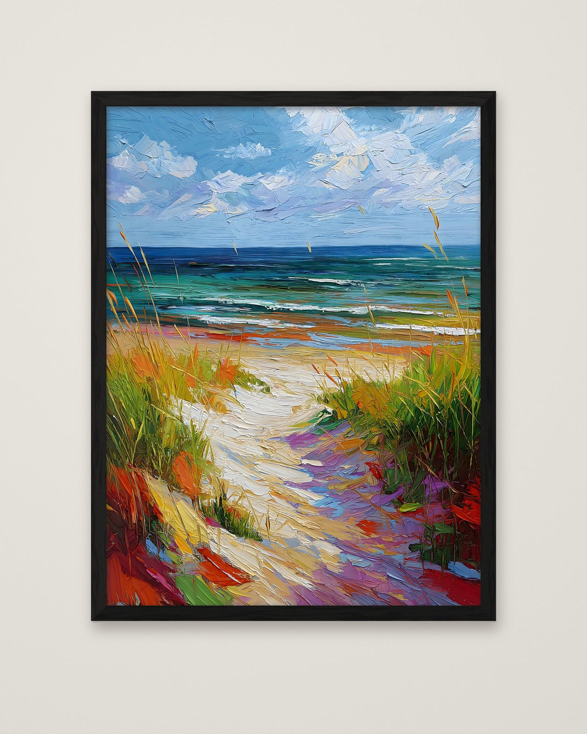 Colorful Beach Path Painting in a black frame