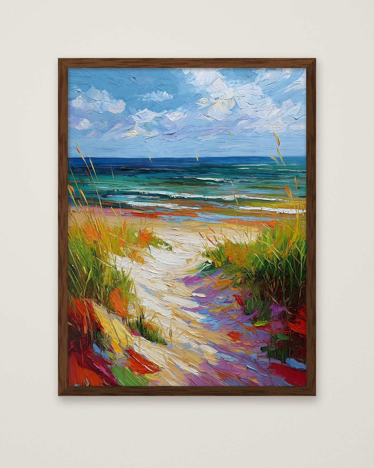 Colorful Beach Path Painting in a dark wood frame