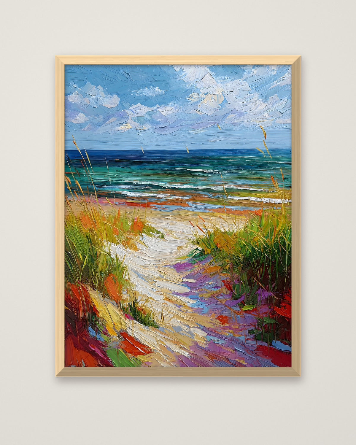 Colorful Beach Path Painting in a natural wood frame