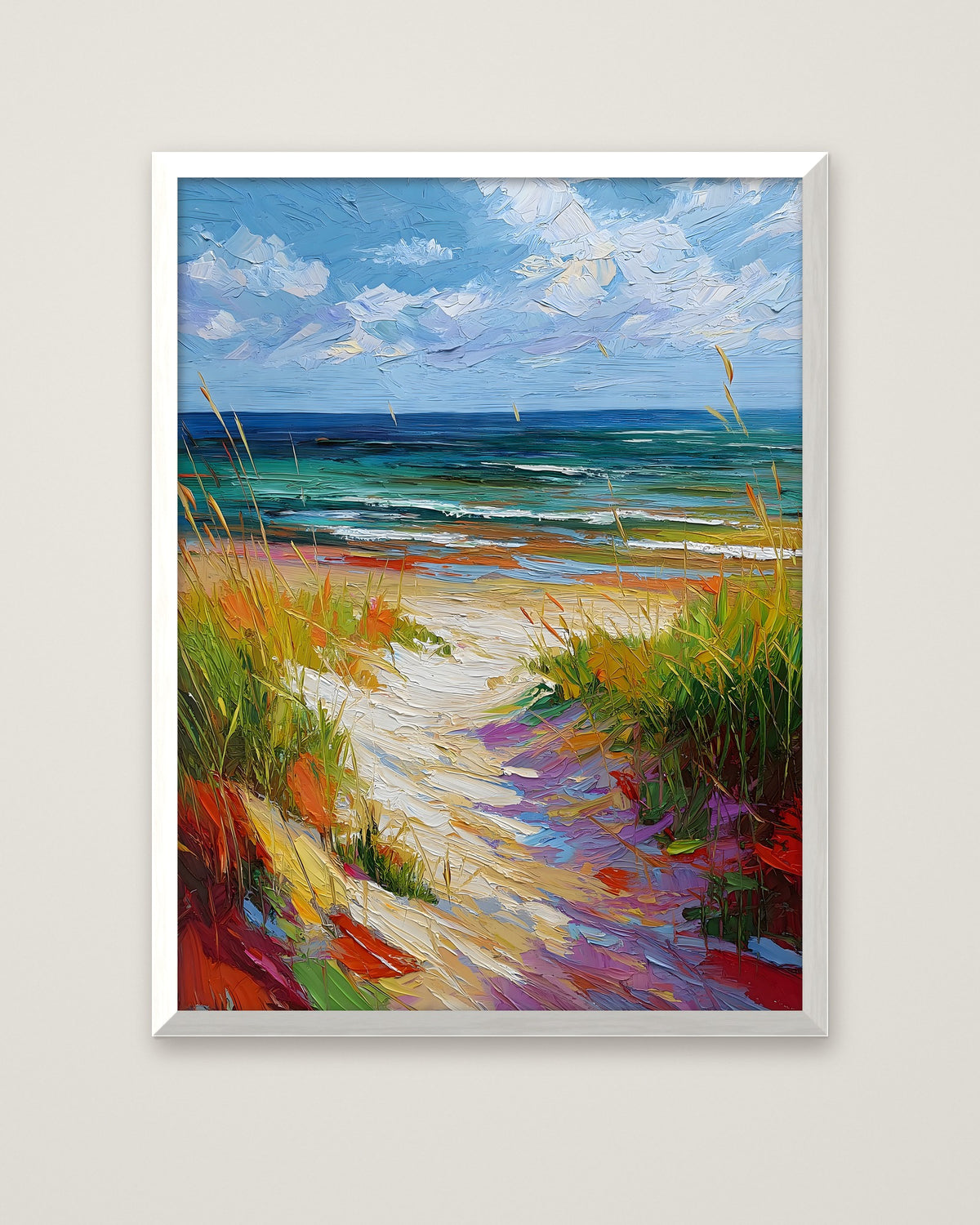 Colorful Beach Path Painting in a white frame