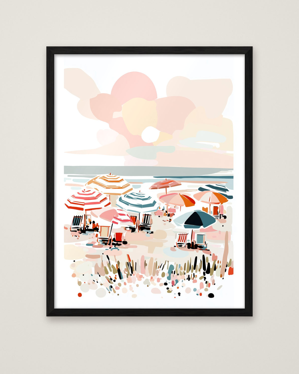 Colorful Beach Umbrella Scene Art in a black frame