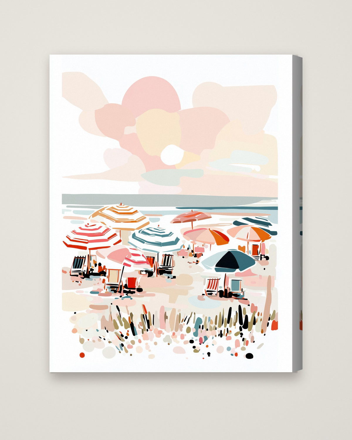 Colorful Beach Umbrella Scene Art as a stretched canvas