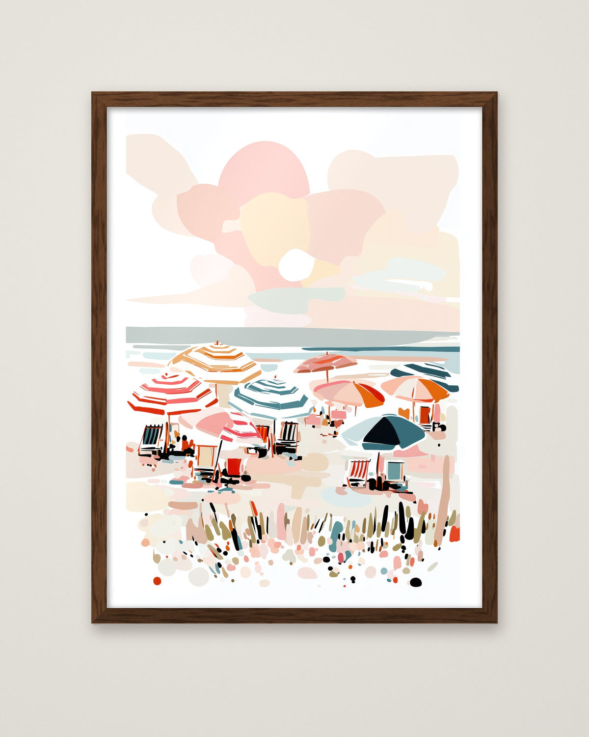 Colorful Beach Umbrella Scene Art in a dark wood frame