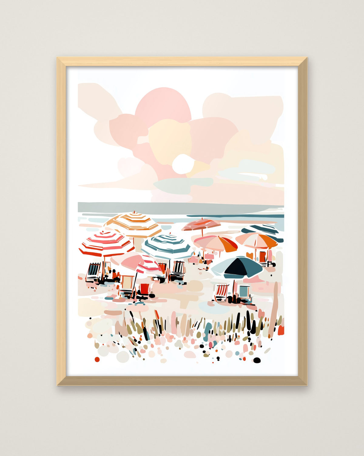 Colorful Beach Umbrella Scene Art in a natural wood frame