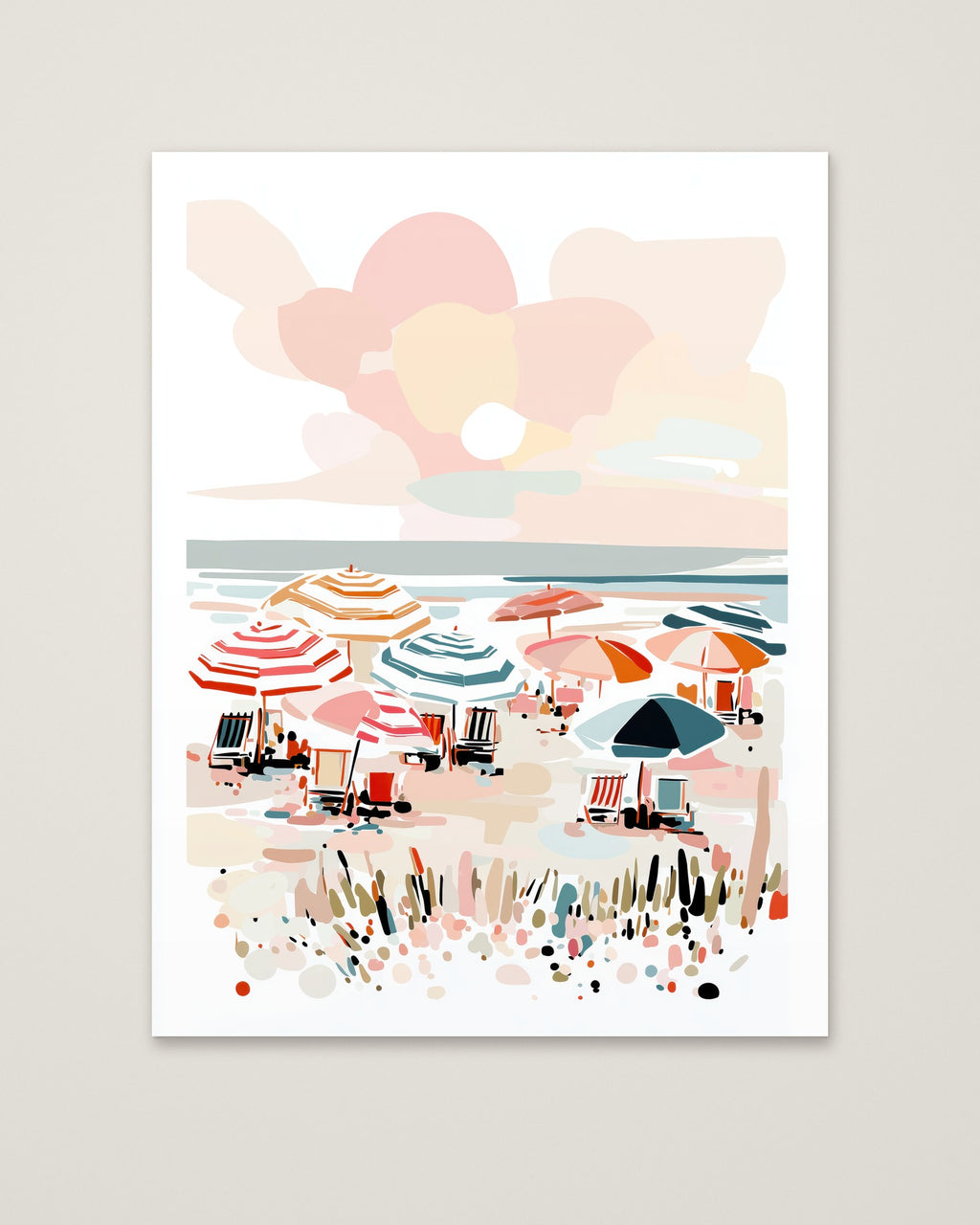 Colorful Beach Umbrella Scene Art as an unframed matte paper print