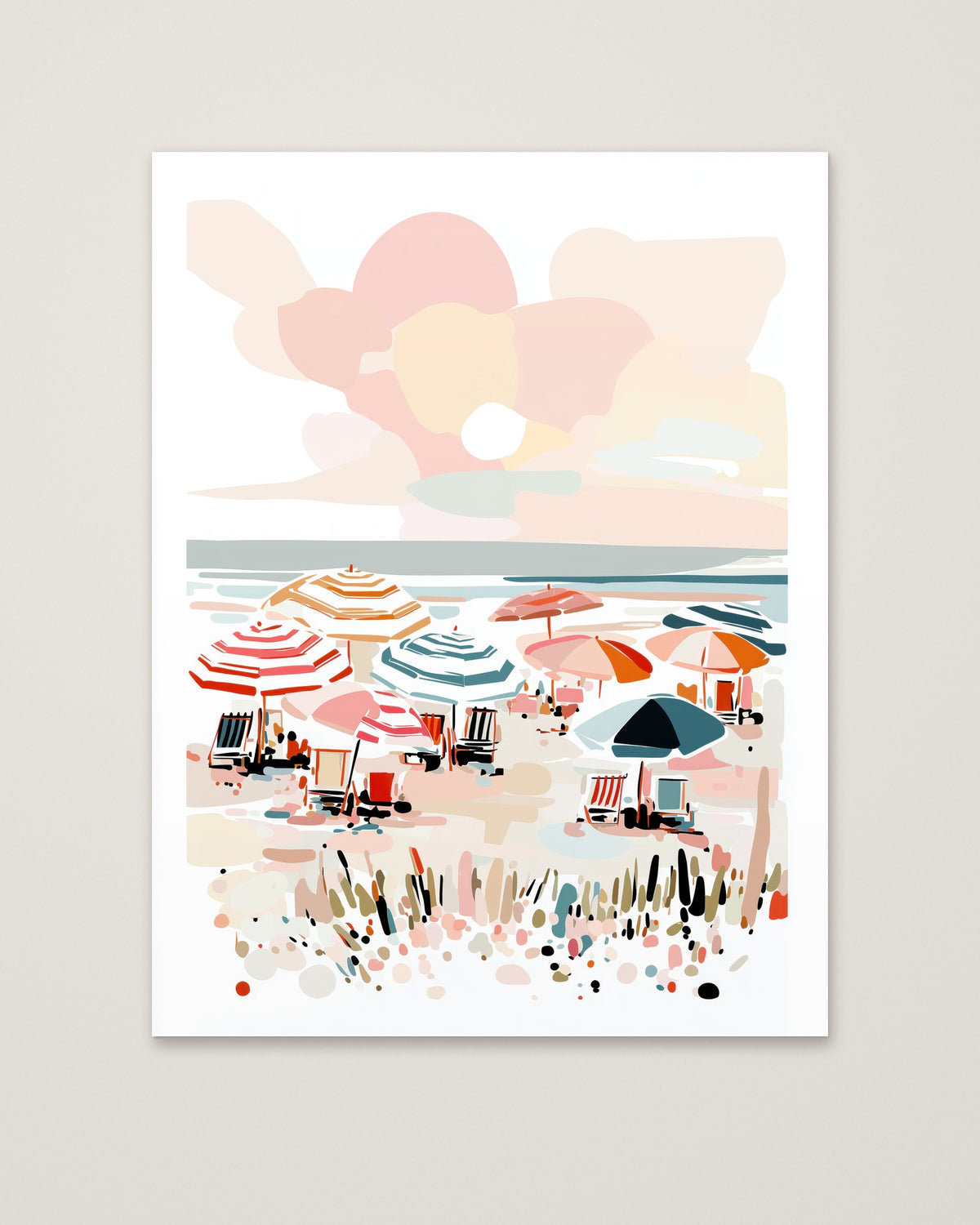 Colorful Beach Umbrella Scene Art as an unframed matte paper print