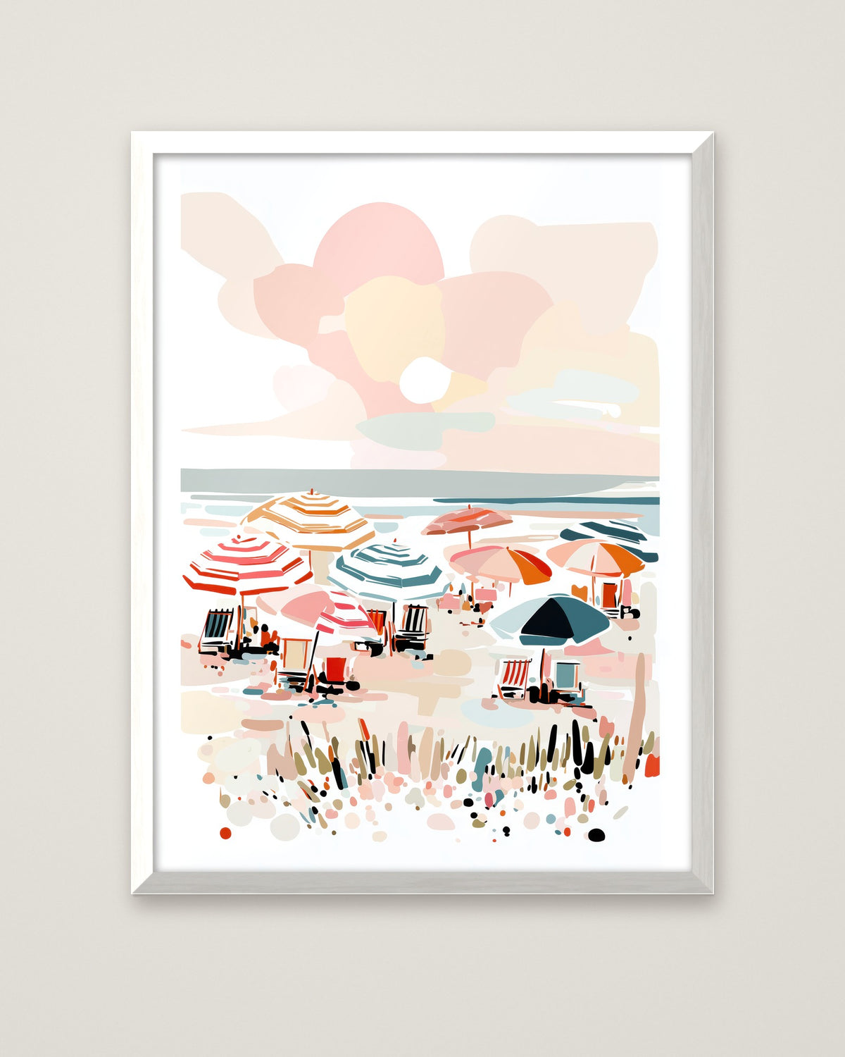 Colorful Beach Umbrella Scene Art in a white frame