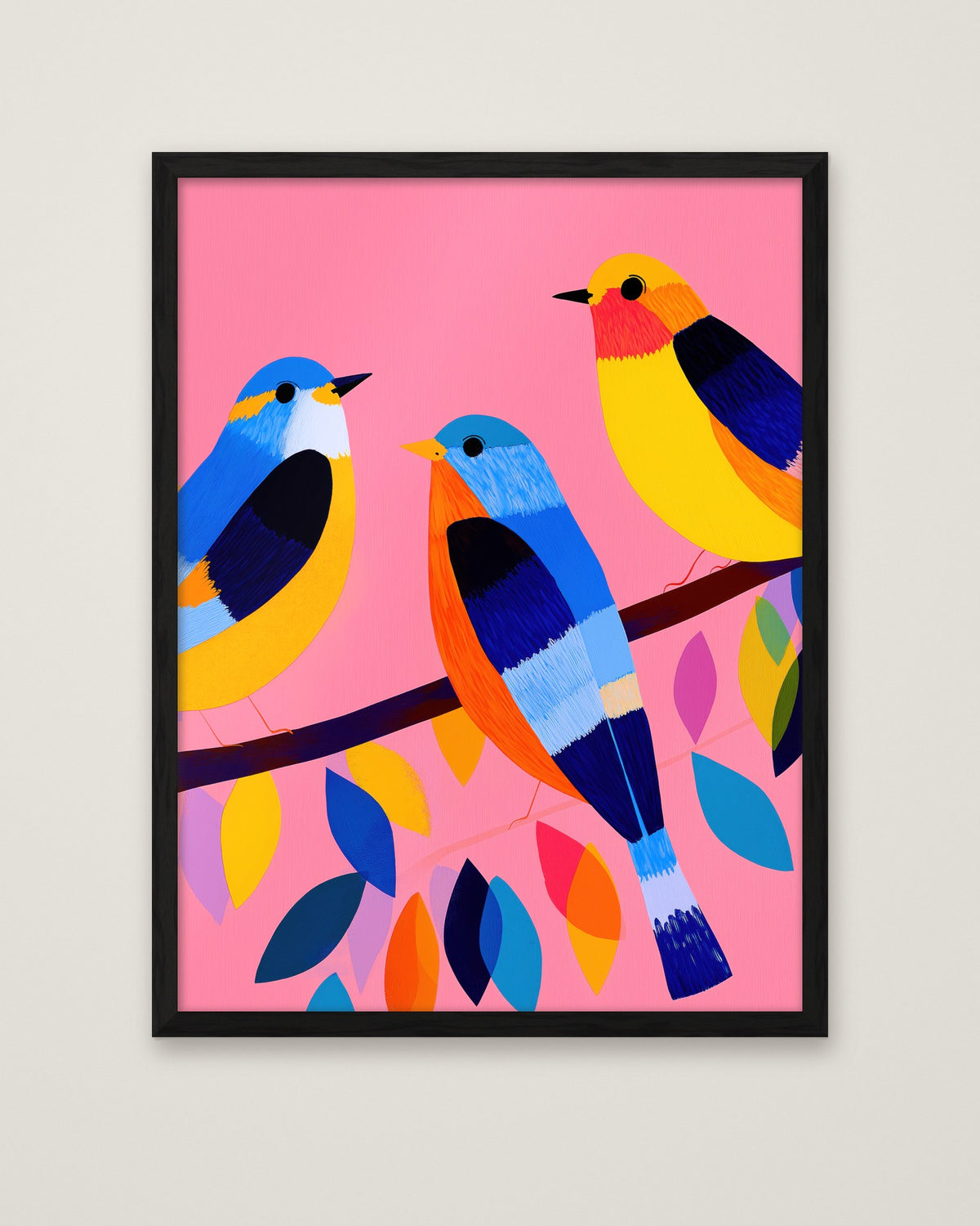 Colorful Birds on Branch Art in a black frame