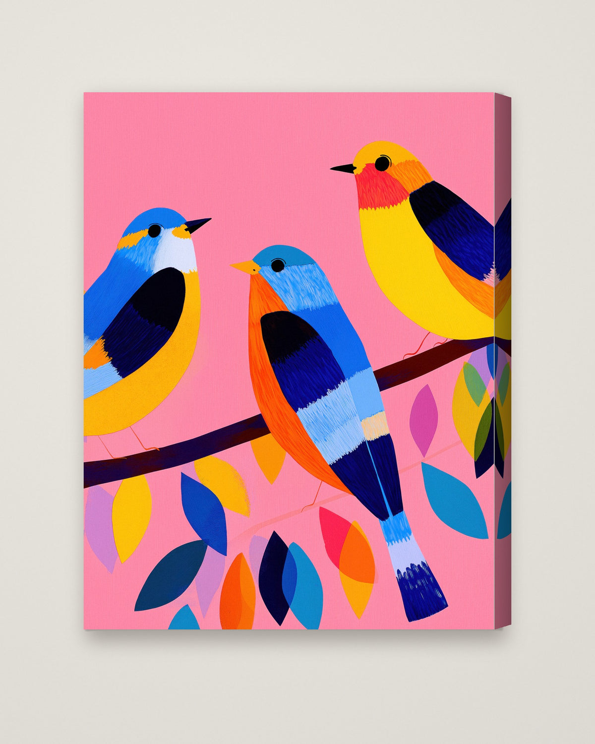 Colorful Birds on Branch Art as a stretched canvas