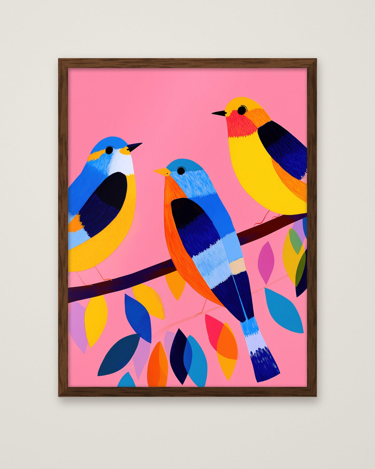 Colorful Birds on Branch Art in a dark wood frame