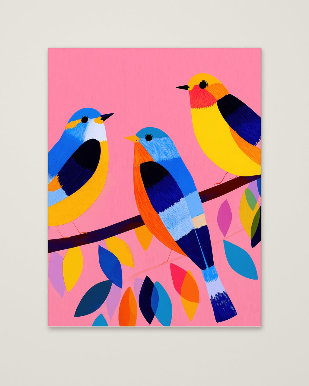Colorful Birds on Branch Art as an unframed matte paper print