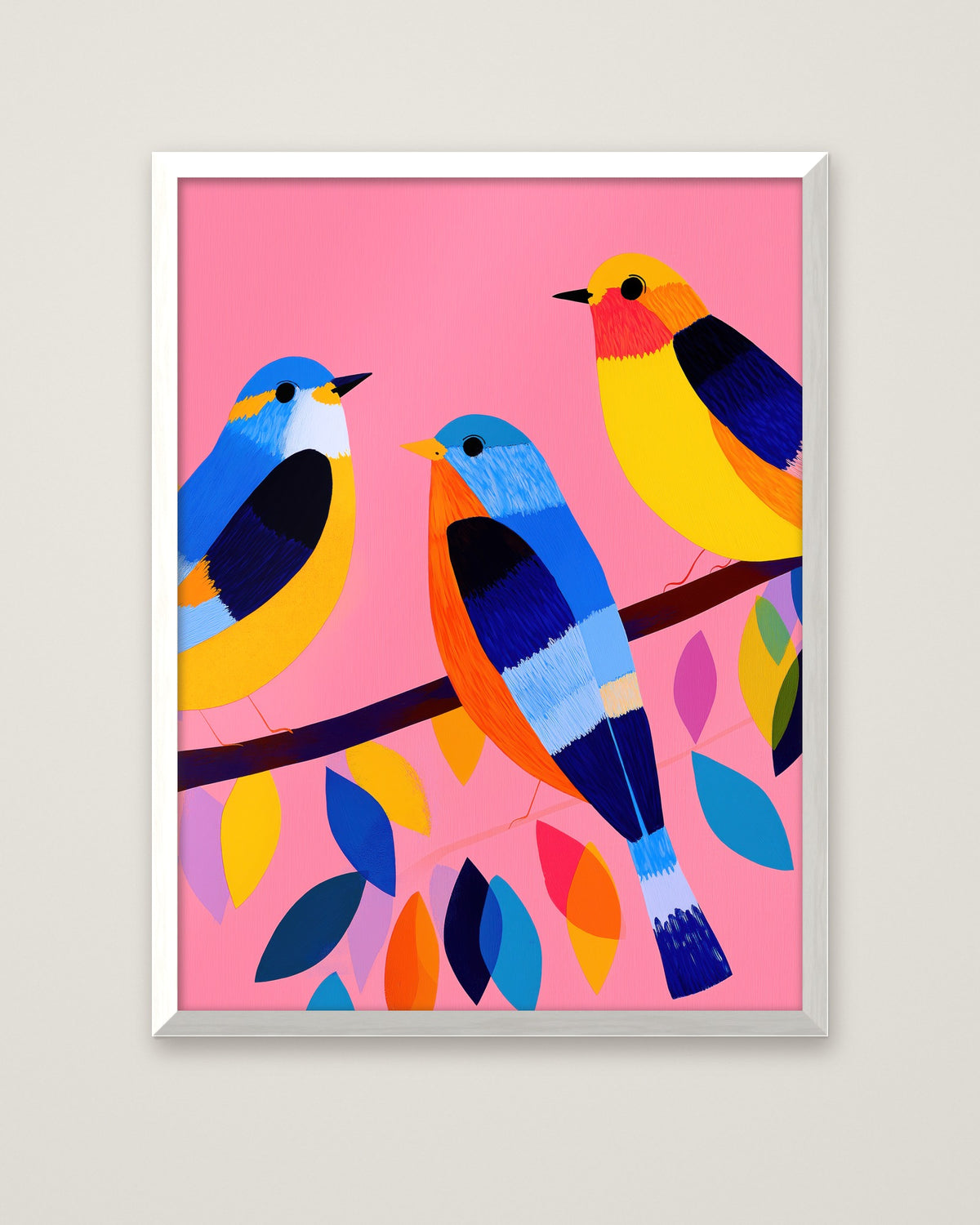 Colorful Birds on Branch Art in a white frame