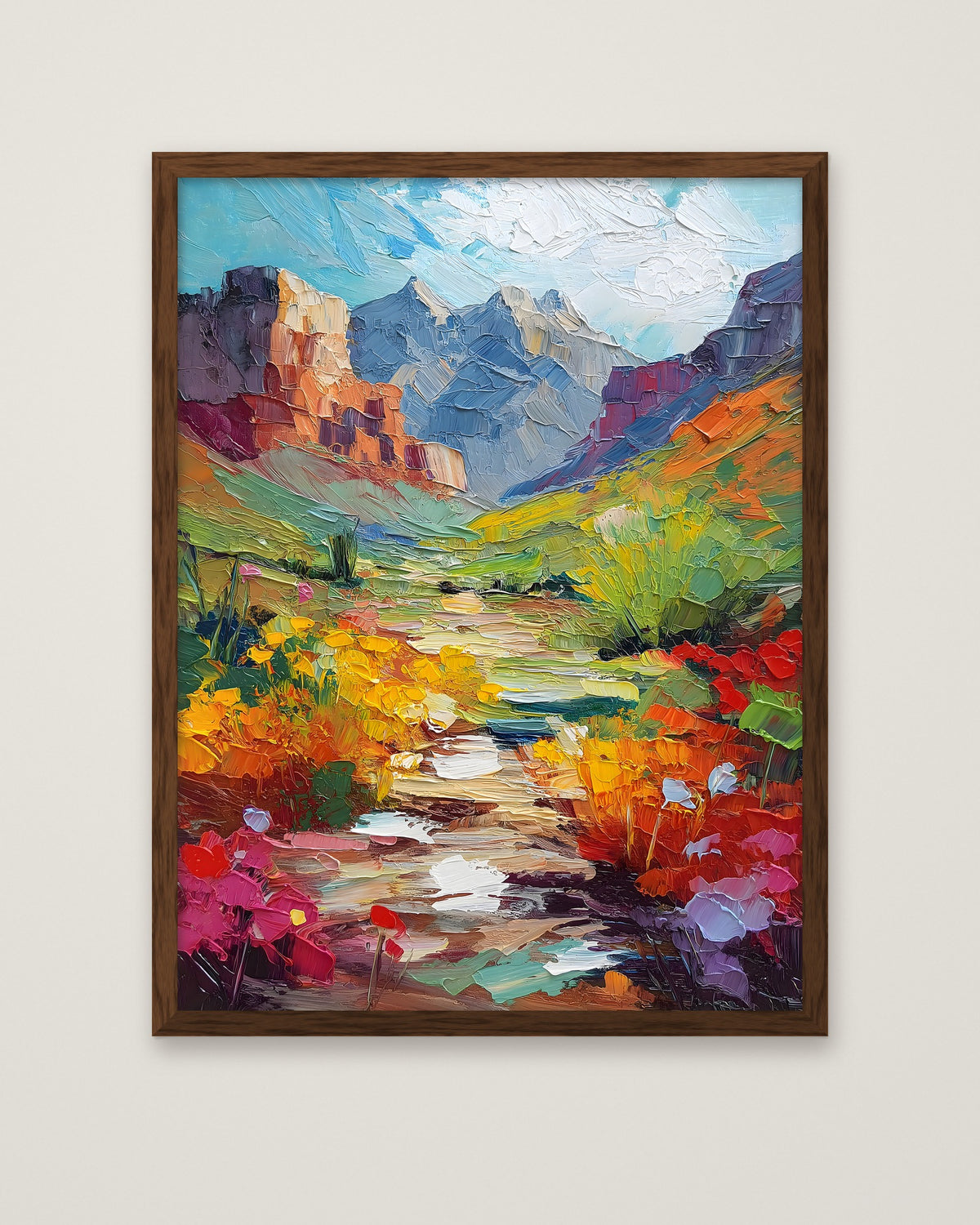 Colorful Canyon Wildflower Landscape in a dark wood frame