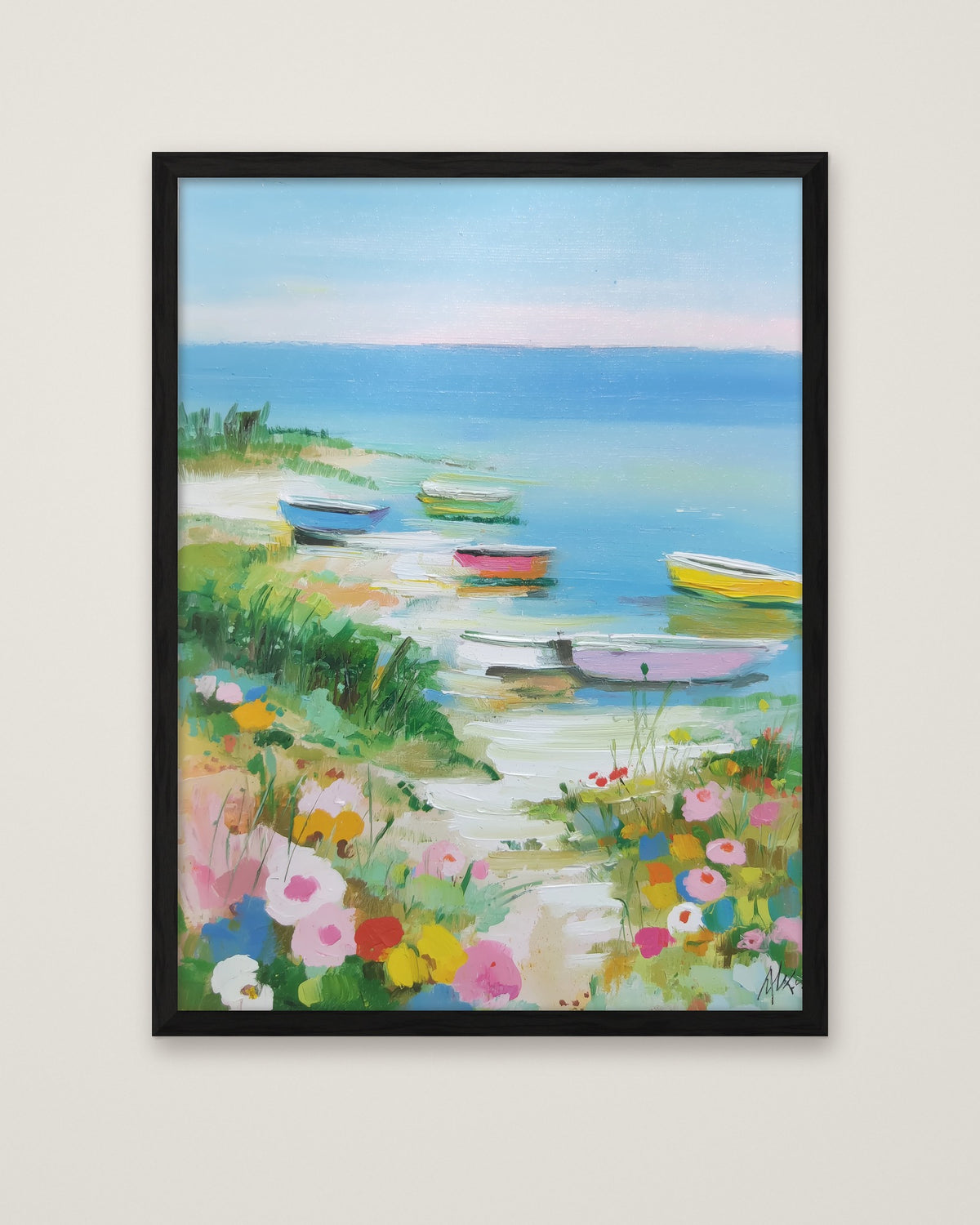 Colorful Coastal Boats Wildflowers in a black frame