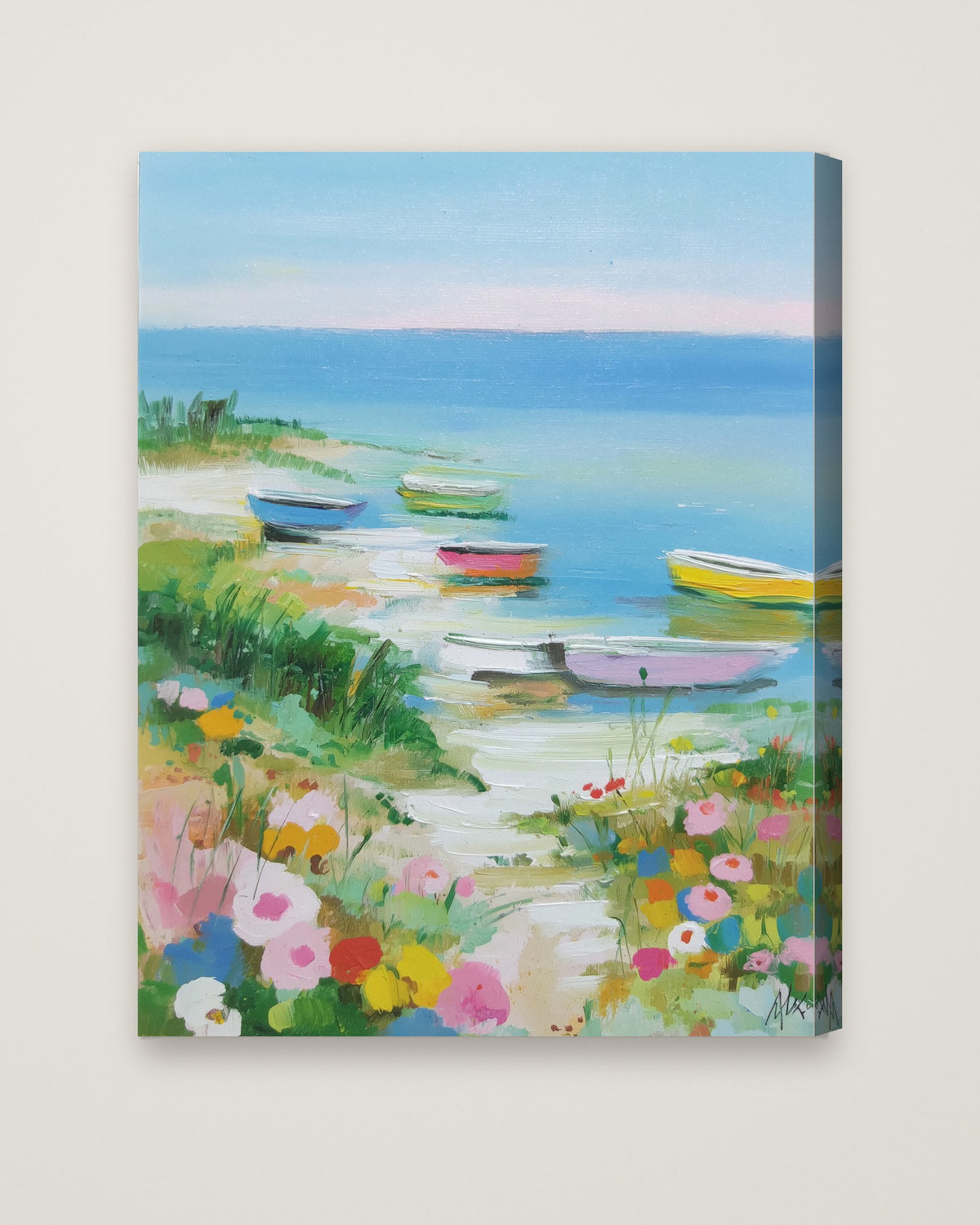 Colorful Coastal Boats Wildflowers as a stretched canvas