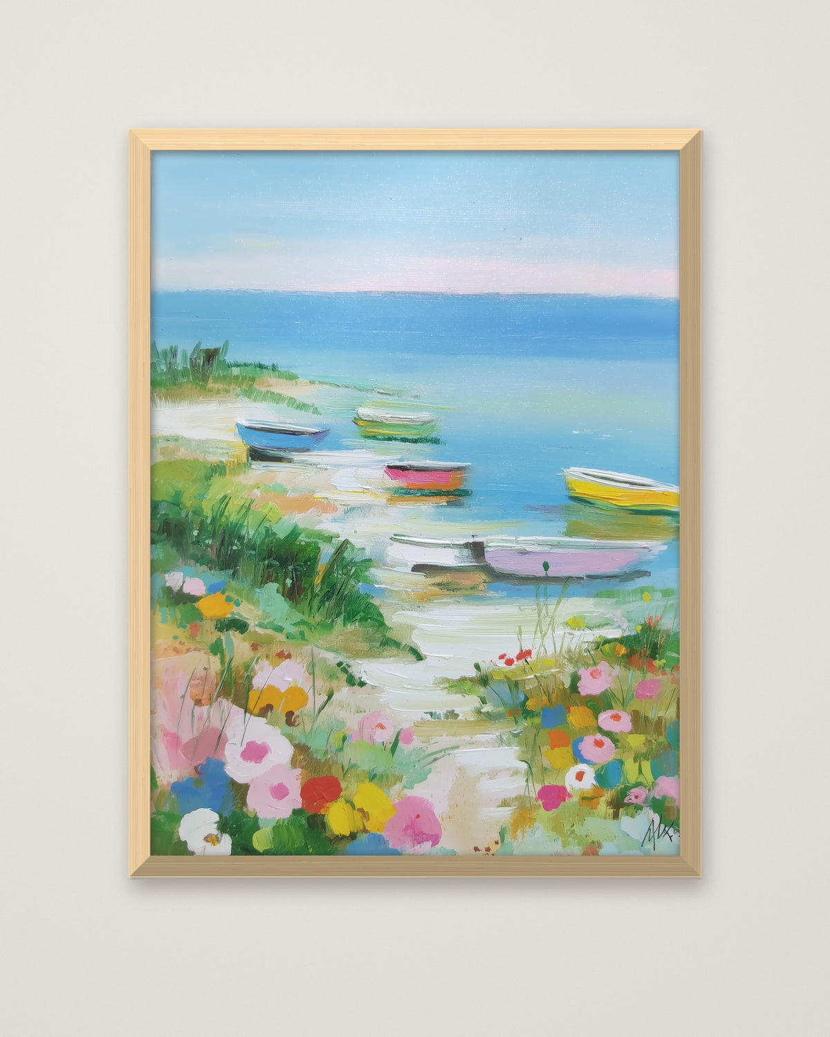 Colorful Coastal Boats Wildflowers in a natural wood frame