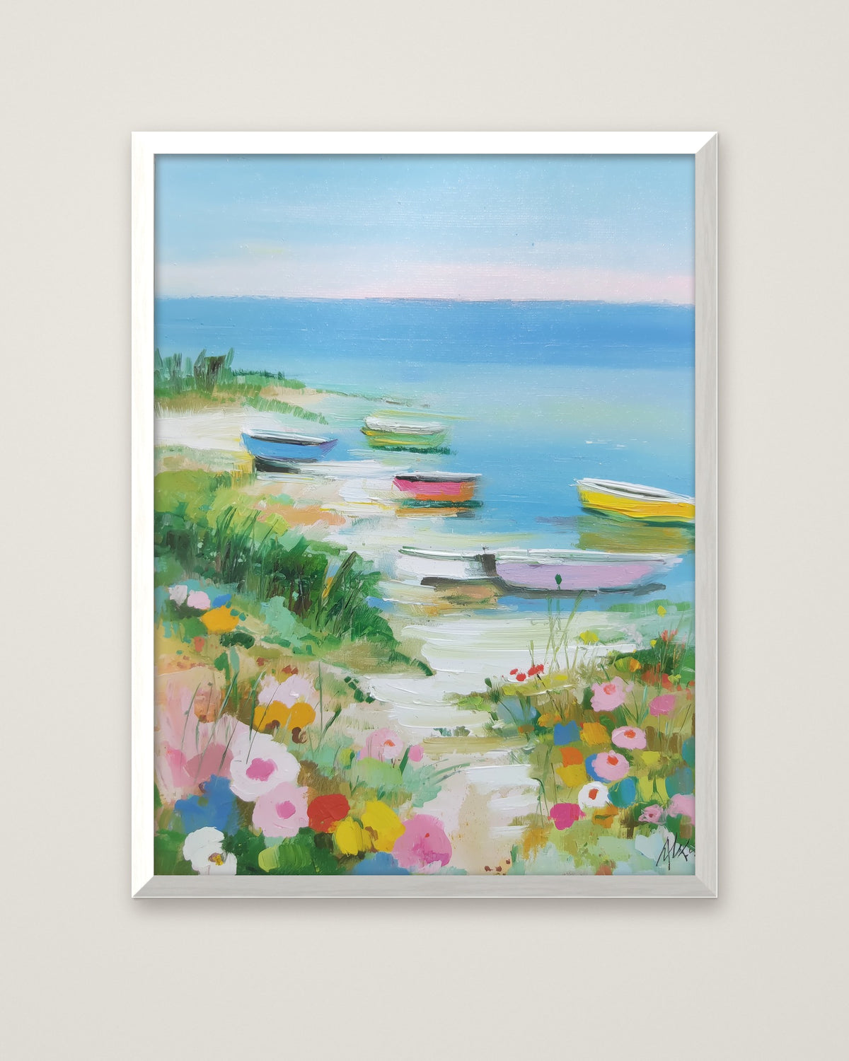 Colorful Coastal Boats Wildflowers in a white frame