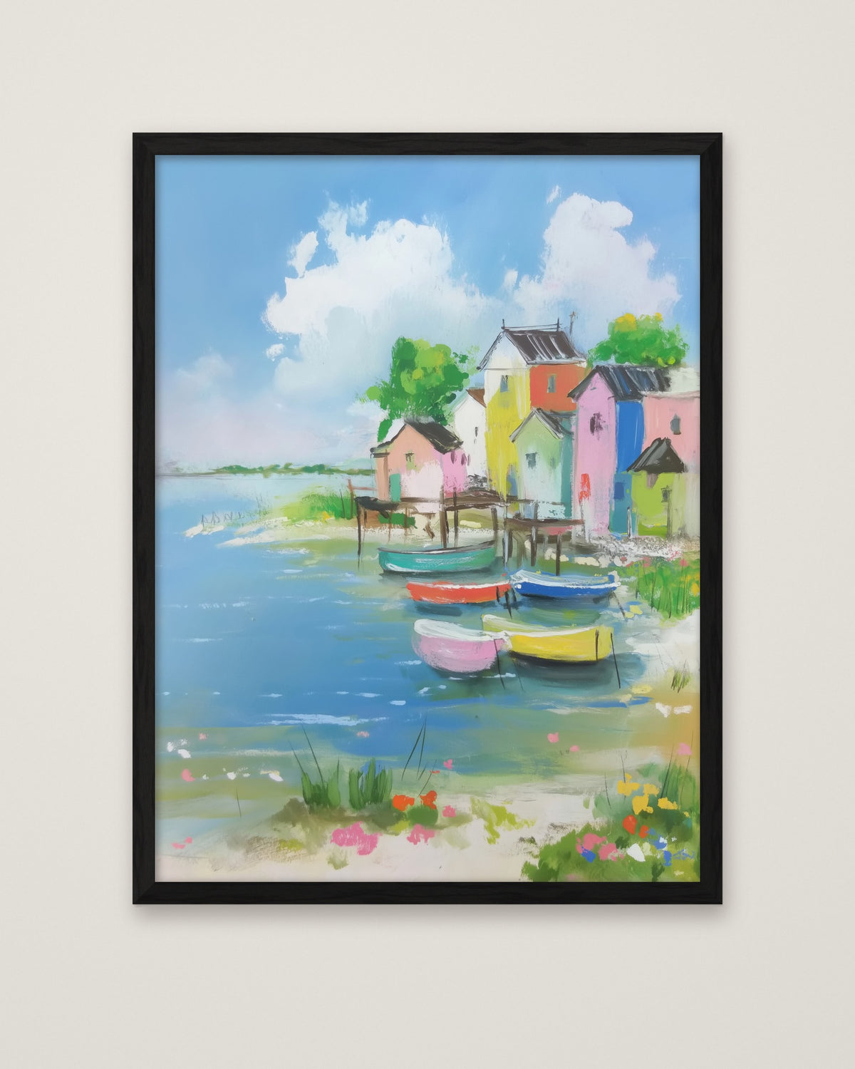 Colorful Coastal Village Painting in a black frame