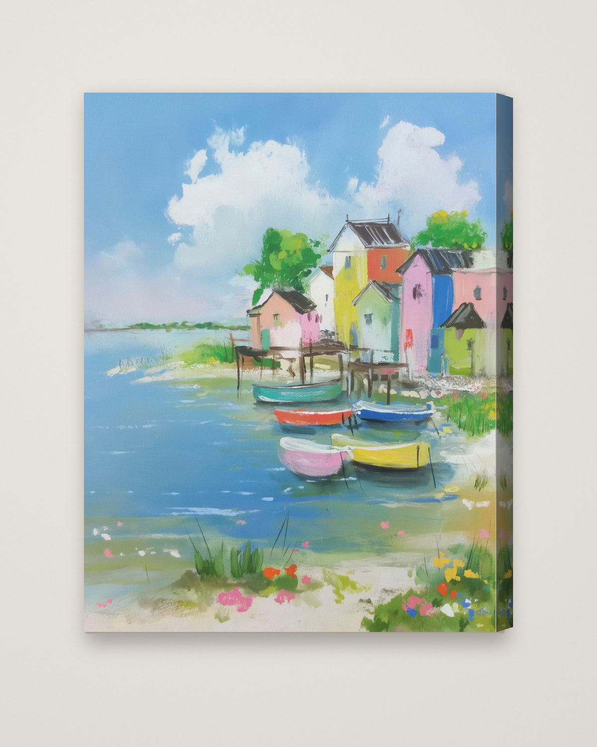 Colorful Coastal Village Painting as a stretched canvas