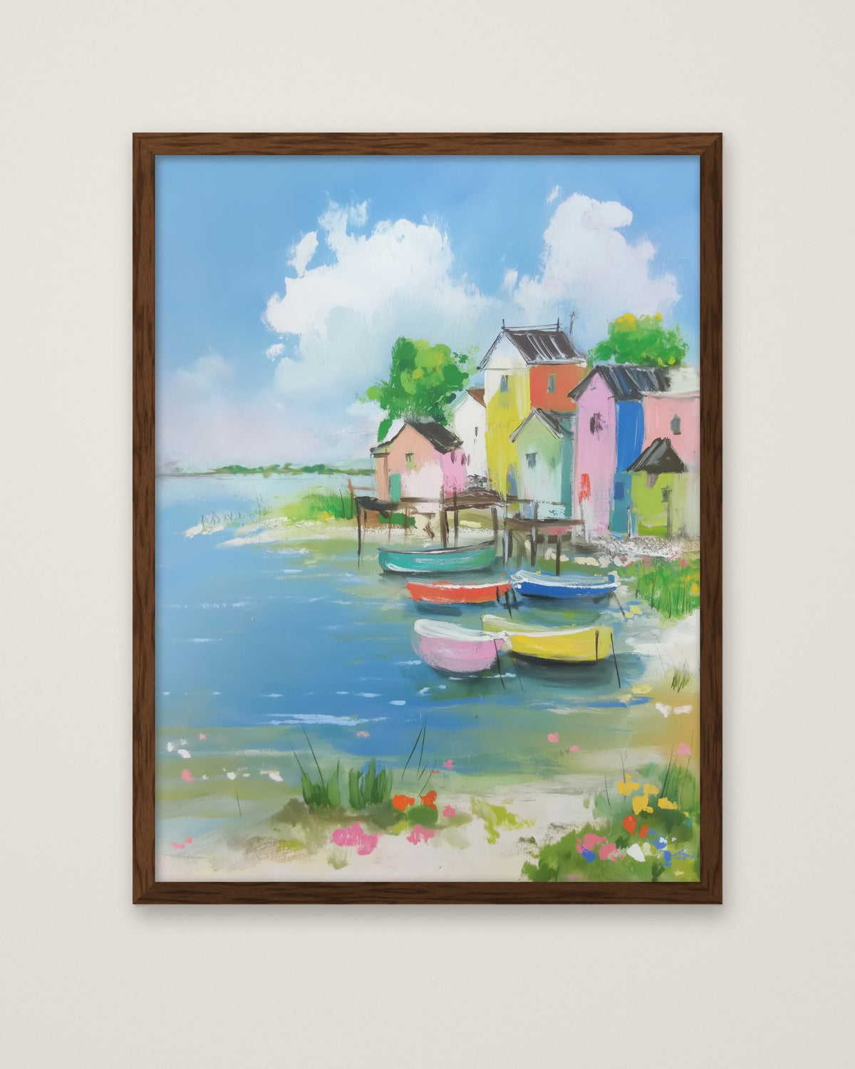 Colorful Coastal Village Painting in a dark wood frame