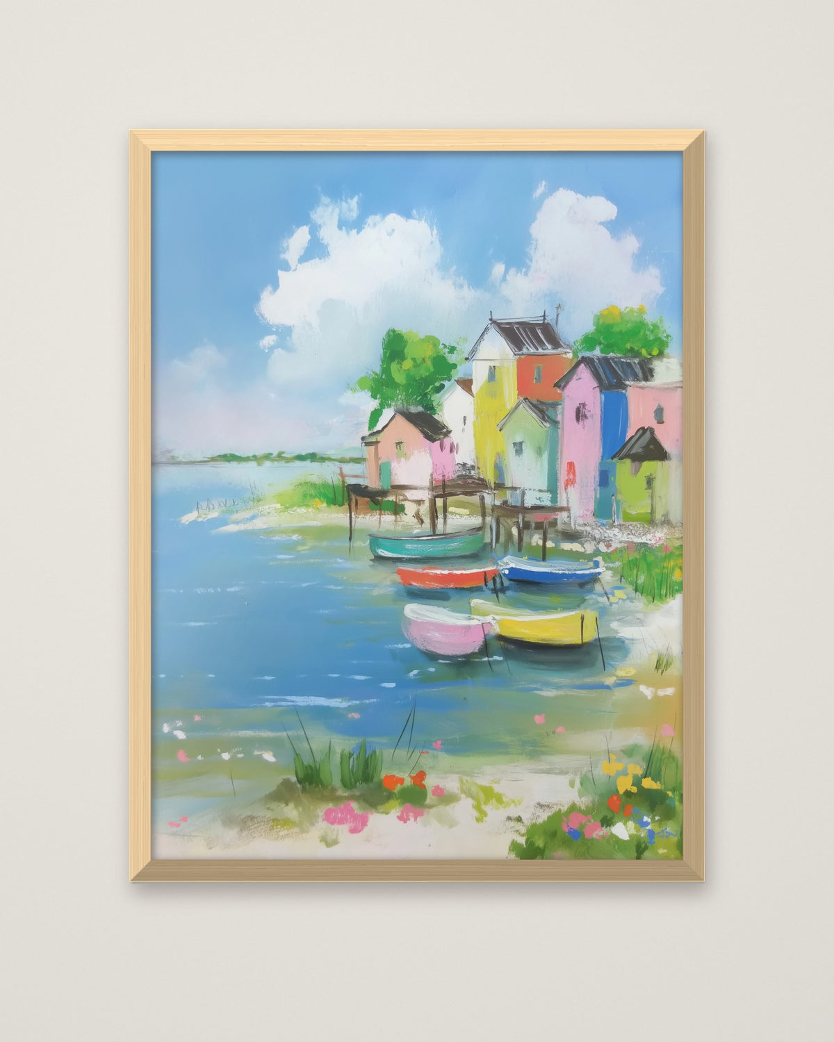 Colorful Coastal Village Painting in a natural wood frame