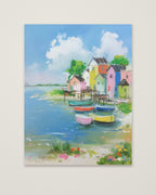 Colorful Coastal Village Painting as an unframed matte paper print
