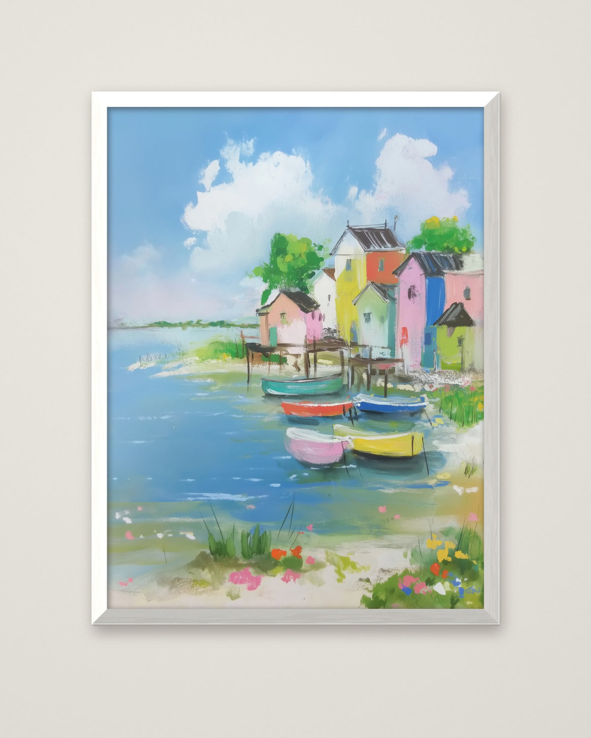Colorful Coastal Village Painting in a white frame