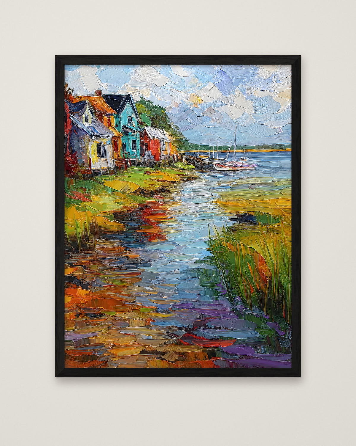 Colorful Coastal Village Painting in a black frame