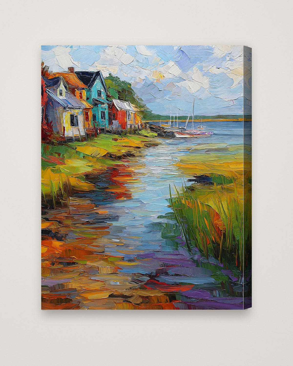 Colorful Coastal Village Painting as a stretched canvas