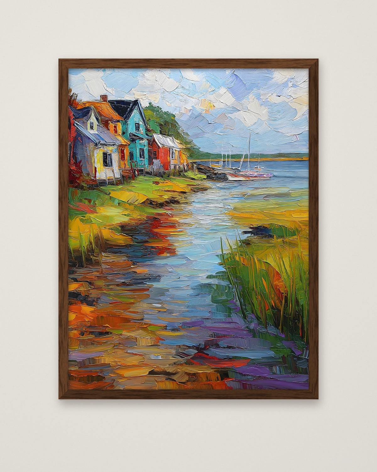 Colorful Coastal Village Painting in a dark wood frame